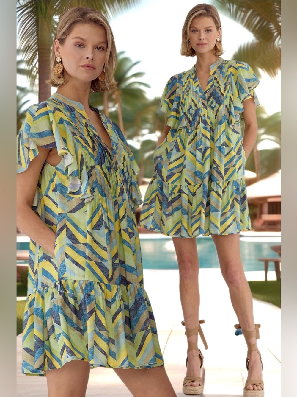 Entro | Petra Tiered Pintuck Dress Green Blue Flutter Sleeve Pockets New Medium